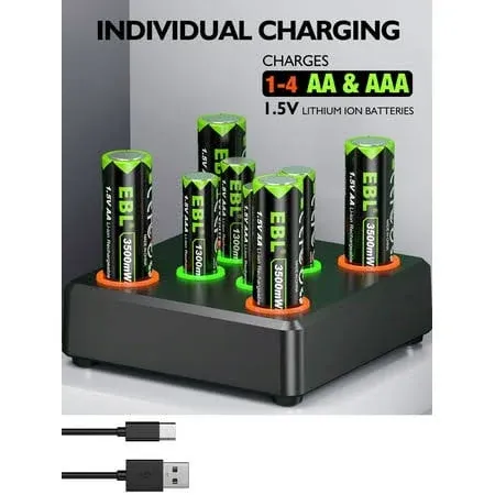 EBL AA AAA Rechargeable Batteries, 4 Pack1.5V AA Lithium Battery 3500mWh and 4 Pack Triple AAA Battery1300mWh for Blink Camera(Charger Included)