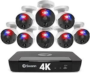 Swann 4K UHD Home Security Camera System, 8 Channel NVR with 2TB,8 Indoor Outdoor Bullet IP Cameras, PoE Cat5e Wired, Video Analytics, 2-Way Audio, Sirens, Color Night Vision, True Detect, 889808