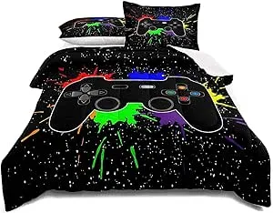 Gaming Bedding Set Full Size Gamer Comforter Set for Boys Girls Kids Teens Soft Microfiber Colorful Modern Buttons Video Game Bedding Decorative Controller Pattern Design with 2 Pillow Shams…