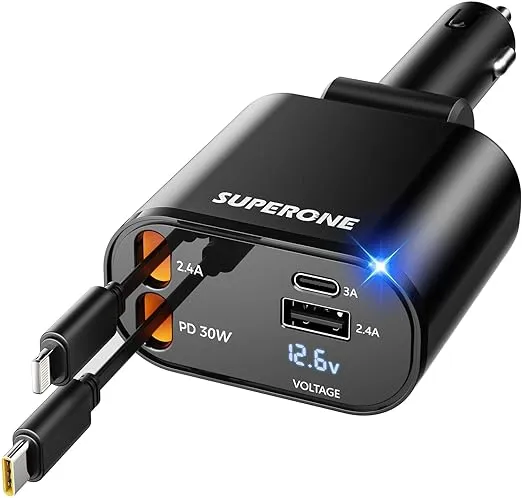 SUPERONE Retractable Car Charger 4 in 1, Super Fast Charge Car Phone Charger with ...