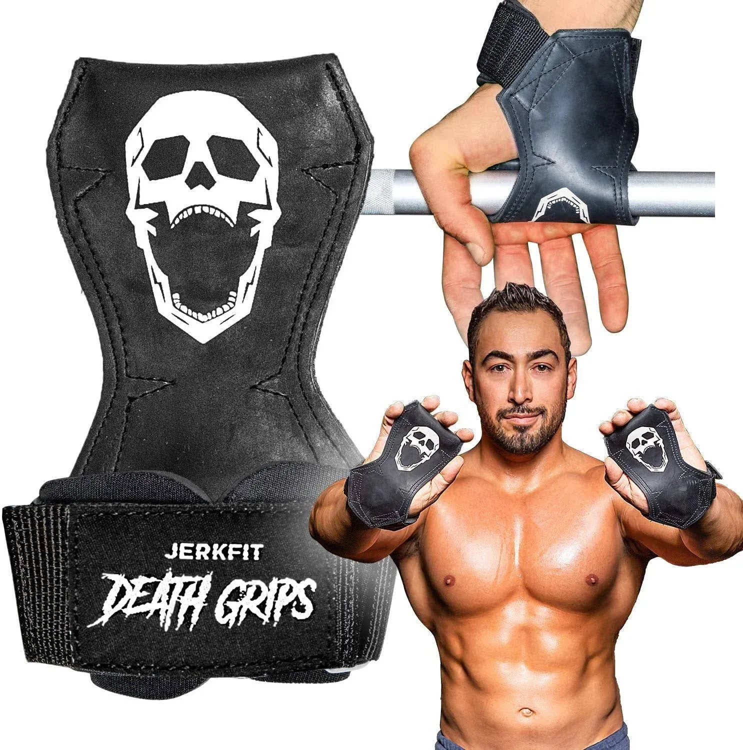 JerkFit Death Grips Pair - Premium Lifting Straps, Car Tire Grade Rubber PVC Wrist Straps for Shrugs, Pull Ups - Deadlift Straps with Neoprene Padded Support - Gym Straps for Palm Protection