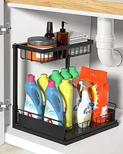 Zyerch Under Sink Organizer,Metal Pull Out Kitchen Cabinet Organizer with Sliding Drawer,Sturdy Multi-functional for Bathroom Organization,Black