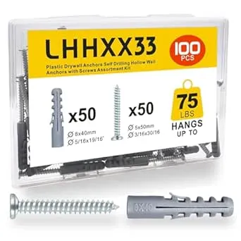 340-Piece Drywall Anchors and Screws Combo Pack - Includes 170 Plastic Wall A...