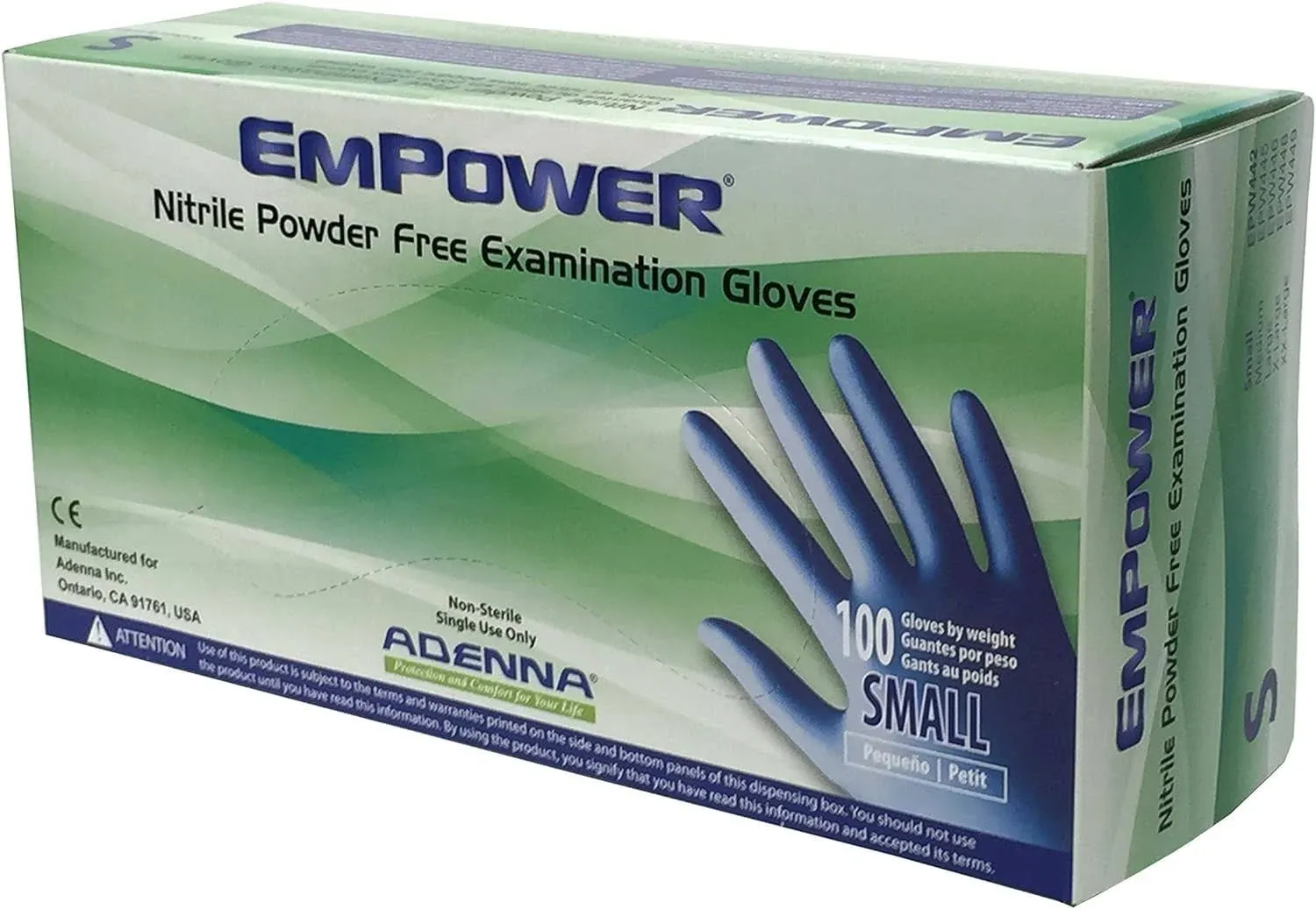 Adenna EPW442 Empower 8 mil Nitrile Powder Free Exam Gloves (Blue, Small) Box of 100