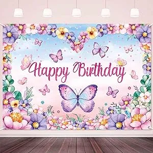 LDWLYW Butterfly Happy Birthday Banner Butterfly Backdrop for Girls Pink Purple ...