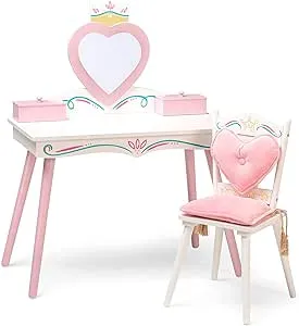 cuoote Kids Vanity Set, Girls Vanity Set with Mirror, Stool & Chair, Princess Pretend Play Vanity Set for Learning, Makeup, Eating, Toddler Vanity, White & Pinkcuoote Kids Vanity Set, Girls Vanity Set with Mirror, Stool & Chair, Prin…