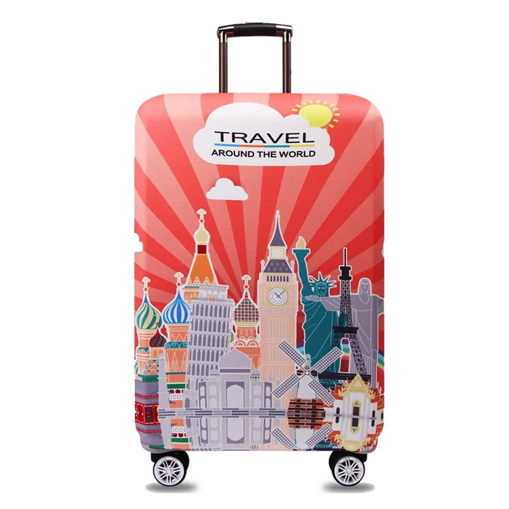 TRAVEL KIN Thickened Luggage Cover ，Washable Travel Gear Cover，18/24/28/32 Inch Suitcase Spandex Protective Cover (L(25"-28" luggage), World Attractions)