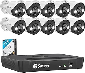 Swann Home Security Camera System with 2TB HDD, 16 Channel 10 Cam,POE Cat5e NVR 4K HD Video, Indoor or Outdoor Wired Surveillance CCTV, Color Night Vision, Heat Motion Detection, LED Lights, 1686810FB