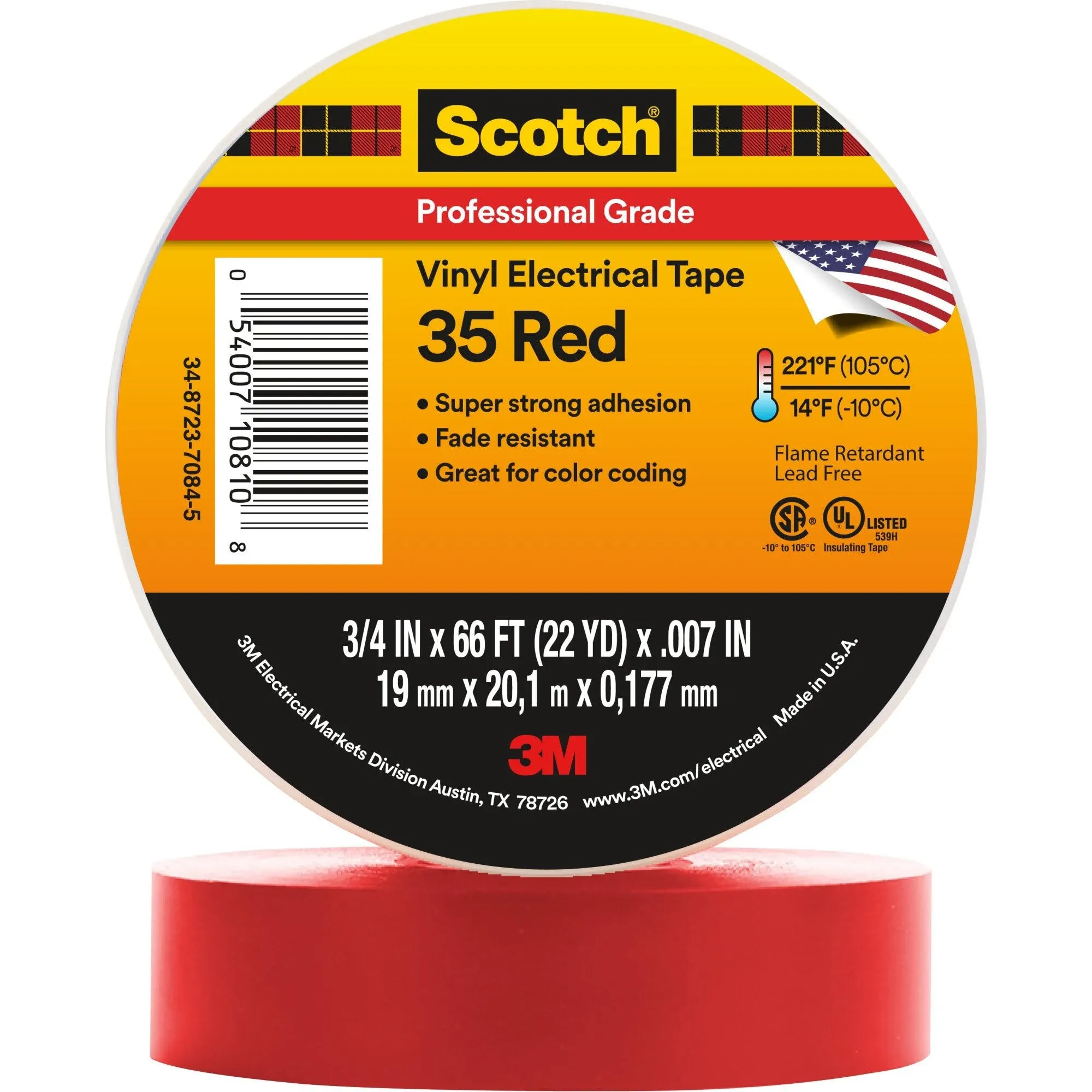 3M Scotch Vinyl Electrical Tape 35 Red 3/4" x 66'