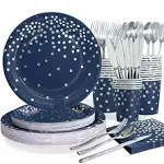 168Pcs Blue Party Decorations Navy Paper Plate with Silver Dot Serve 24 Guest...