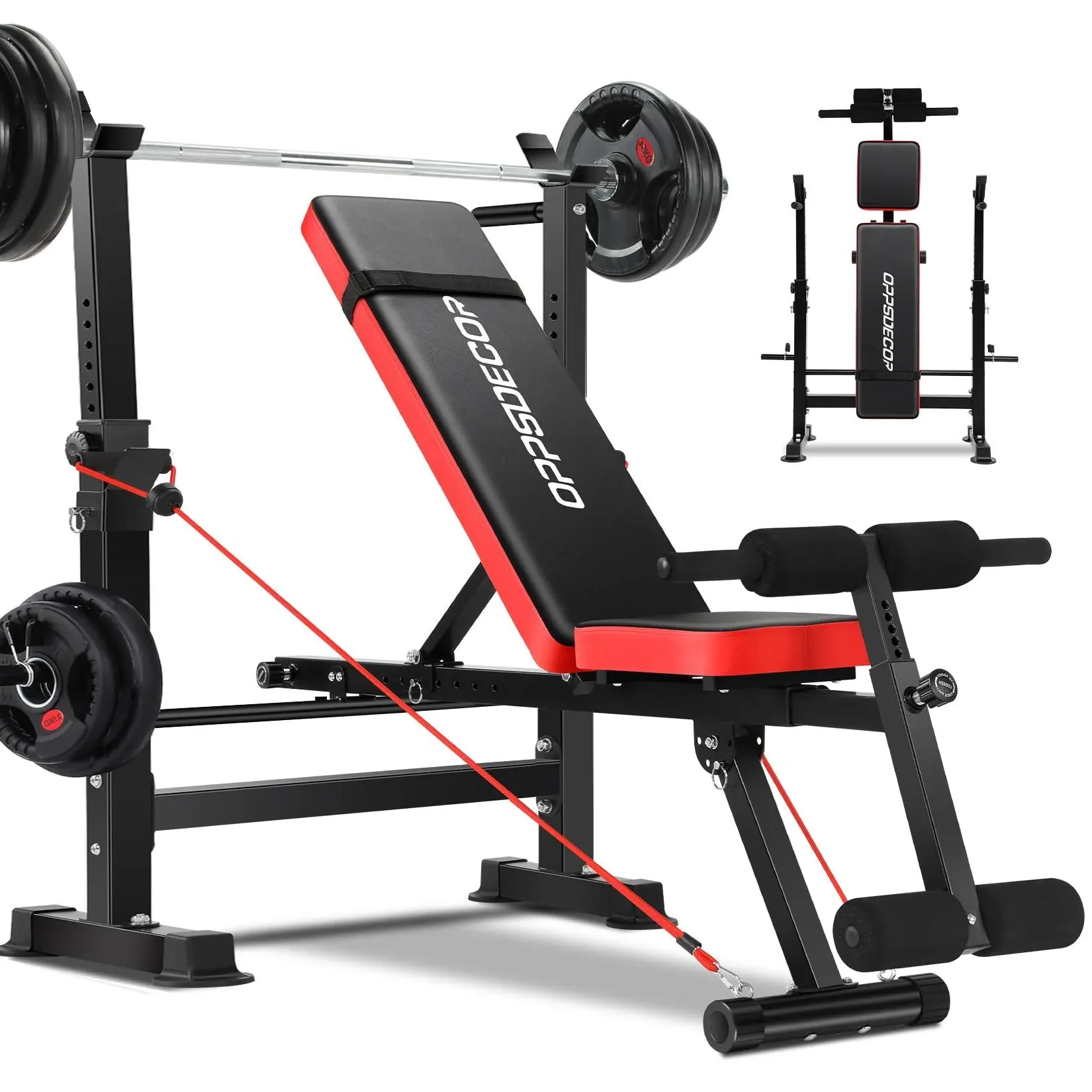 OPPSDECOR 600lbs 6 in 1 Weight Bench Set with Squat Rack, Foldable Adjustable Bench Press Set with Removable Foot Catch, Workout Bench for Home Gym