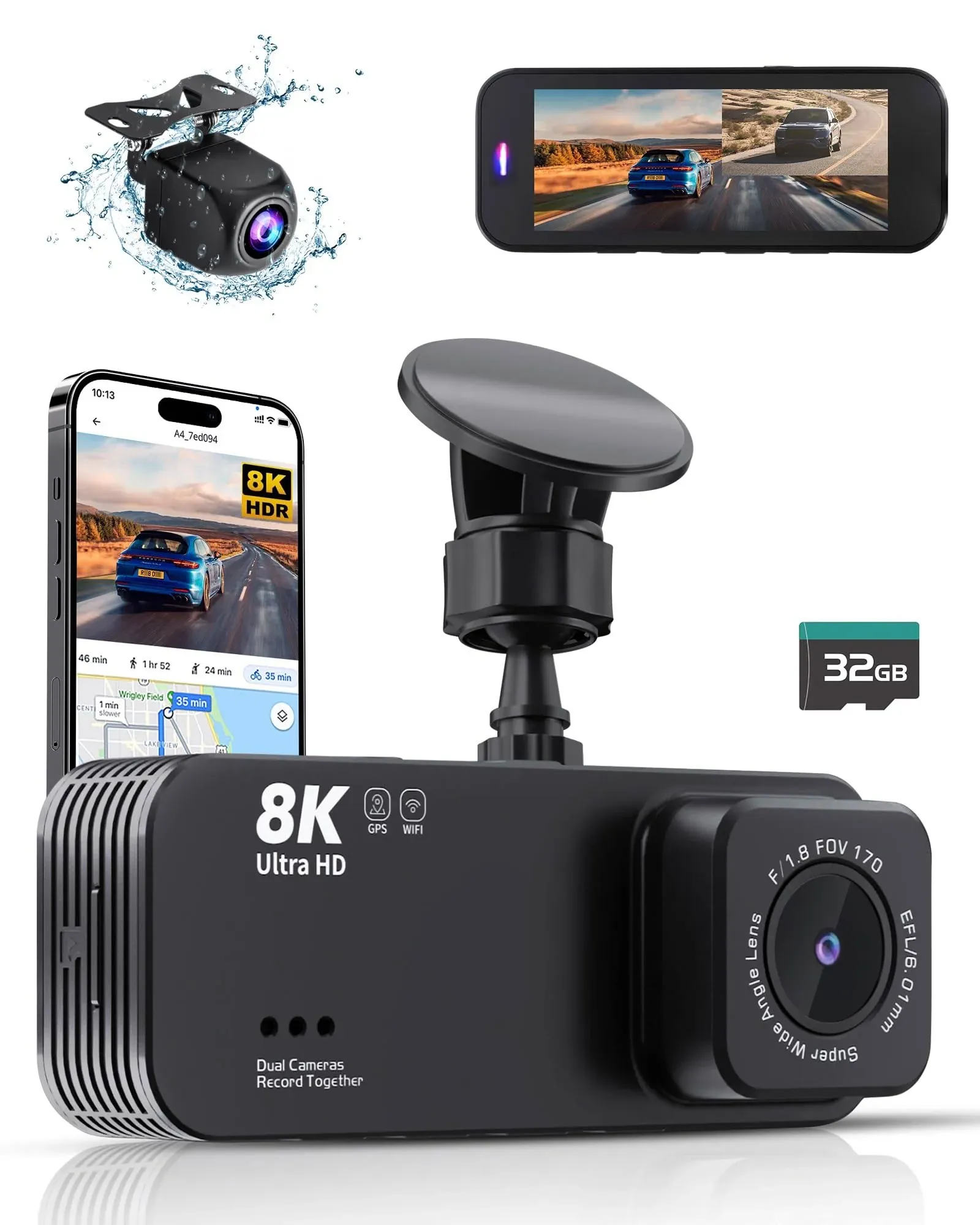 Dash Cam Front and Rear, Ultra HD 8K Dash Camera for Cars, Dash Cam with Night Vision,Built-in Wi-Fi & GPS,3.16" IPS Screen,170°Wide Angle,WDR,Free