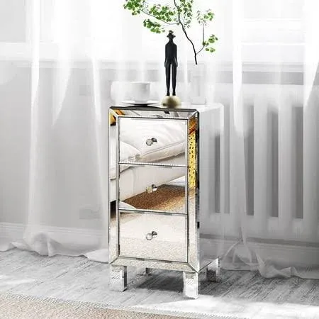 Bonnlo 3-Drawer Mirrored Nightstand End Table Bedside Table