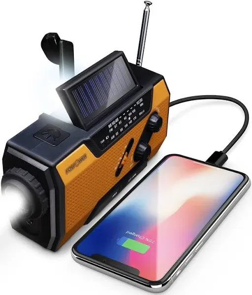 FosPower Emergency Solar Crank Portable Radio, AM/FM, LED Flashlight, 2000mAh Power Bank with USB Port and SOS Alarm