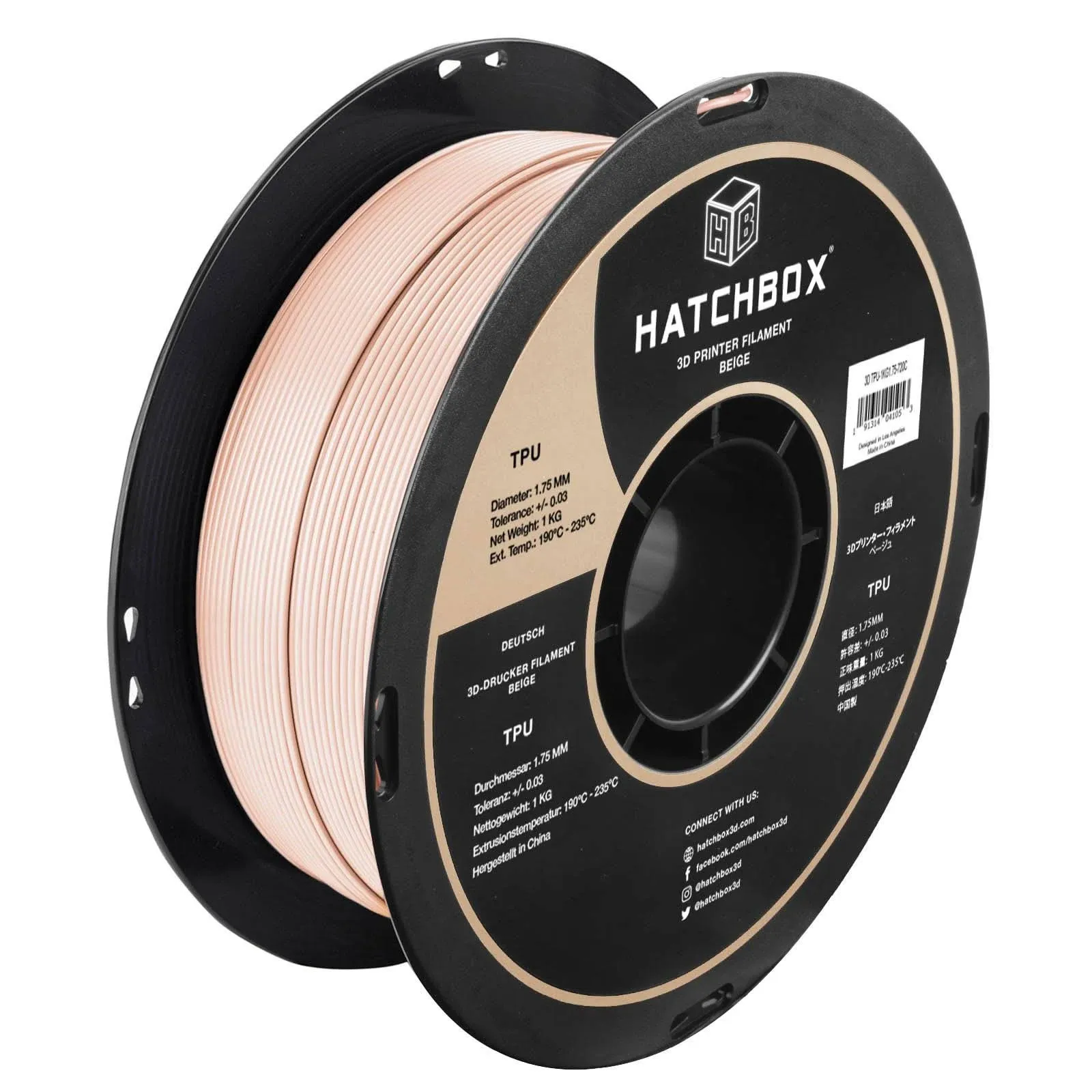 HATCHBOX TPU 1.75 mm 3D Printer Filament in Beige, 1kg Spool