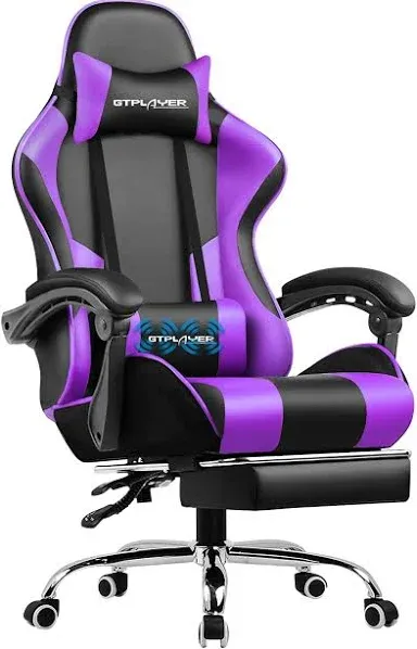 Soontrans Massage Gaming Chair with Footrest, Office Chair with Lumbar Pillow and Headrest, Swivel Leather Gamer Chairs for Adults Kids, Purple