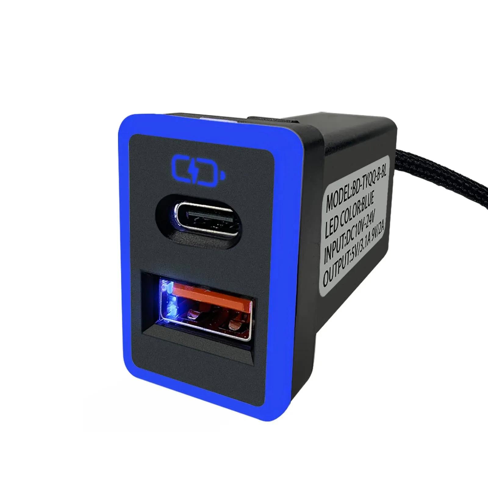 Car Charger PD Qc3.0 Fast Charge Type C USB Port Socket Fast Charging with LED Light Show, for Toyotablue-1.3x0.9inch