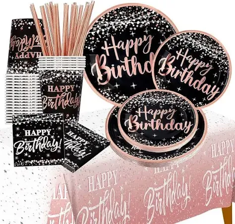 Happy Birthday Decorations Plates for Women - (Total 121Pcs) Rose Gold Plates an