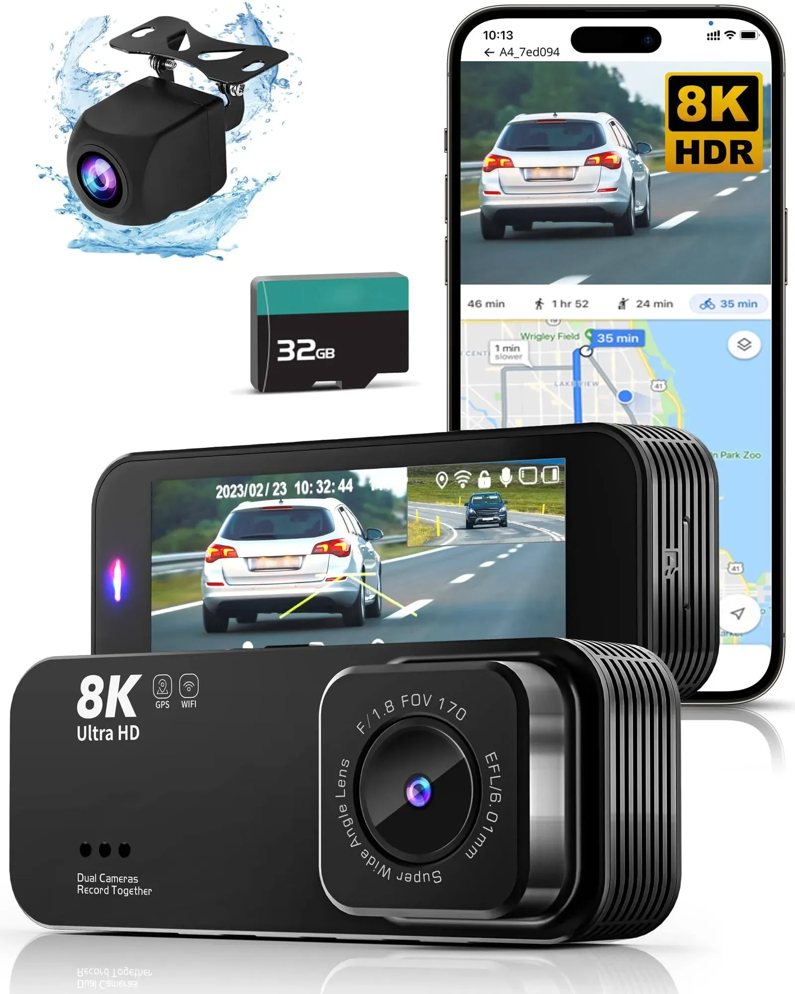 Dash Camera for Cars, 8K Full UHD Dash Cam Front and Rear Inside with APP,Car Camera with Free 32GB Card,Built-In Wi-Fi GPS,3.16”IPS Screen,170°Wide A4