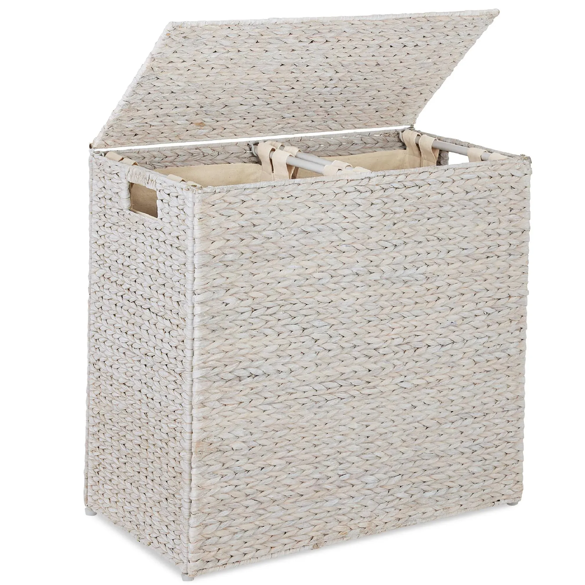 Best Choice Products Large Natural Water Hyacinth Double Laundry Hamper Basket w/ 2 Liner Bags, Handles - White