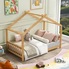 CITYLIGHT Twin House Bed for Kids, House Bed Frame Twin with Headboard and Footboard, Wooden Kids House Bed for Girls, Boys,No Box Spring Needed,Natural