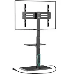 TV Floor Mount Stand with Power Outlet, Removable AV Shelf, and Height