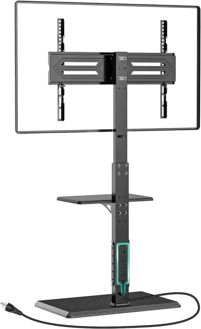 TV Floor Mount Stand with Power Outlet and Removable AV Shelf