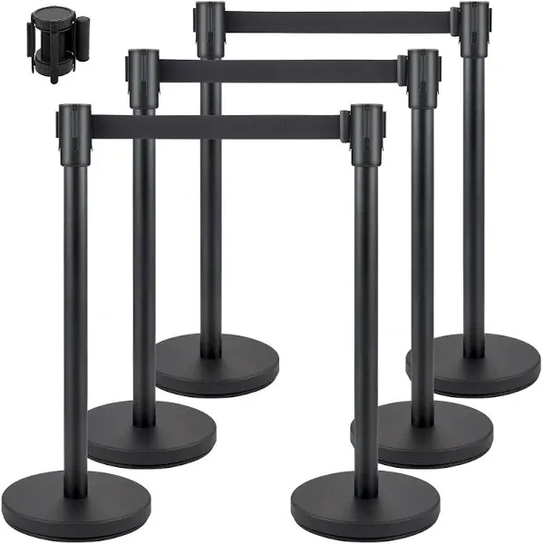 6Pcs Crowd Control Barrier Queue Poles Black Retractable Belt Stanchion Posts