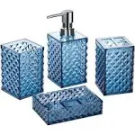 Blue Bathroom Accessories Set - 4 Piece Square Plastic Bathroom Accessories Include Soap Dispenser, Divided Toothbrush Holder, Tumbler and Soap Dish.