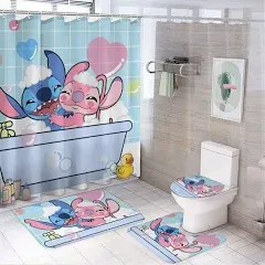 goincinne Cute Shower Curtain Set 4 Piece with Non-Slip Rugs, Toilet Lid Cover and Bath Mat Cartoon Bathroom Decor 72 x 72inch