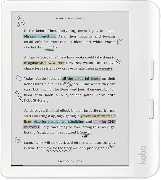 Колір Терезів Кобо | eReader | 7-дюймовий кольоровий дисплей E Ink Kaleido™ 3 без відблисків | Опція темного режиму | Аудіокниги | Водонепроникний | Білий