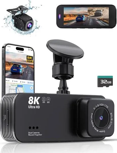 Dash Camera For Cars, 8K Full HD Dash Cam Front And Rear Inside w/App