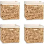 12" Foldable Hyacinth Storage Basket with Iron Wire Frame and Removable Liner by Trademark Innovations (Set of 4)