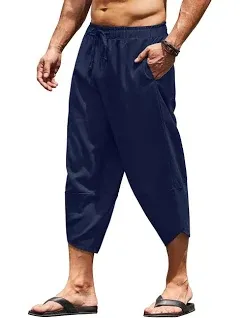 COOFANDY Men's Linen Harem Capri Pants Lightweight Loose 3/4 Shorts Drawstring Elastic Waist Casual Beach Boho Yoga Trousers