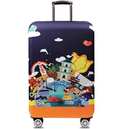 TRAVEL KIN Thickened Luggage Cover ，Washable Travel Gear Cover，18/24/28/32 Inch Suitcase Spandex Protective Cover (M(22"-24" luggage), World Attractions)