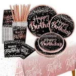 jenlion Happy Birthday Decorations Plates for Women Total 121pcs Rose Gold Plates and Napkins Party Supplies Cups Straws Tableclo