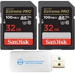 SanDisk 32GB Extreme Pro Memory Card (Two Pack) Works with Nikon D3400, D3300, D750, D5500, D5300, D500, AW130 Camera Bundle with Everything But Stromboli Micro & SD Card Reader & Micro Fiber Cloth