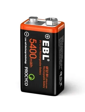 Ebl Rechargeable 9V Lithium Batteries 5400mWh USB Li-ion Batteries Long-Lasting