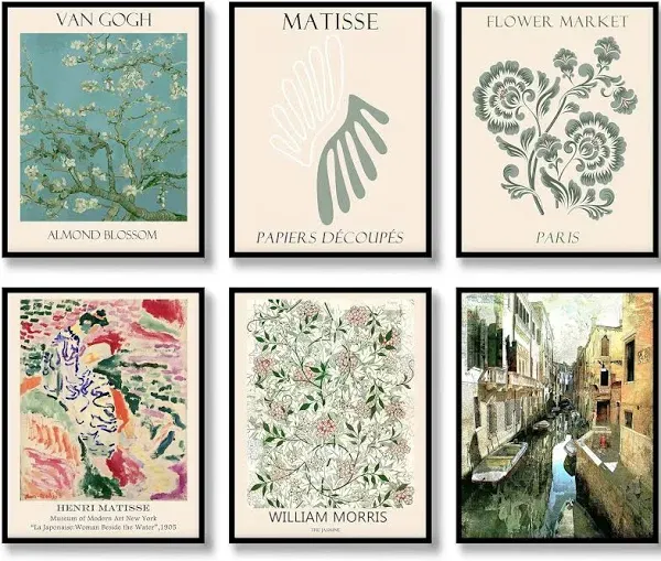 Retro Wall Art Prints Set of 6 Vintage Posters Famous Abstract Illustration Positive Wall Decor Exhibition Aesthetic Matisse Flower Market Picture Canvas Inspiring Art Painting for Living Room Bedroom