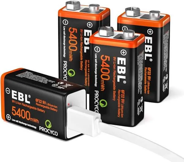 Lot EBL USB Rechargeable 9V Battery Pack 9-Volt 6F22 LI-ion Batteries 5400mWh