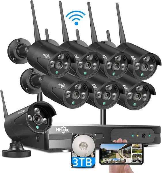 Hiseeu Wireless Security Camera System with 3 TB Hard Drive one Way Audio IP 66 Waterproof NVR kit Wifi