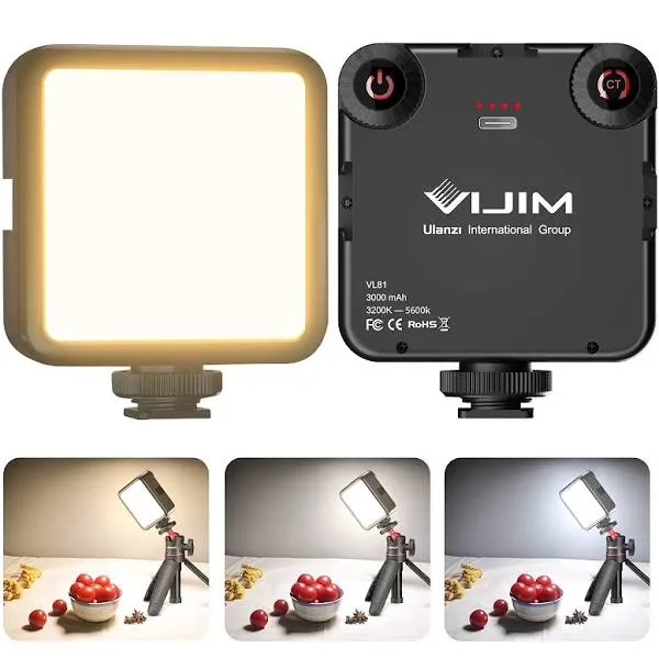 VIJIM LED Video Light VL81 On Camera Light with 3 Cold Shoe Rechargeable 3000mAh Battery Bicolor Dimmable 3200K-5600K CRI95+ Portable Photography