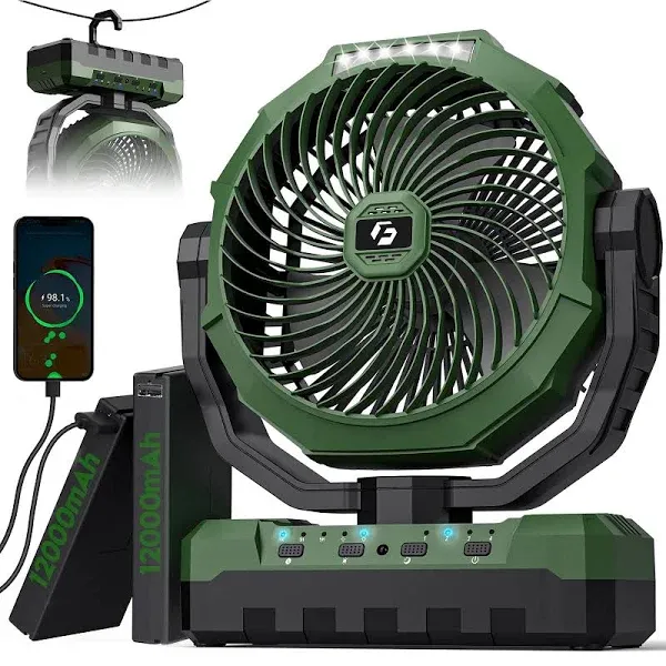 FRIZCOL 3-in-1 Camping Fan - Portable Fan Rechargeable - 24000mAh 9-Inch Battery Powered Fan(140Hrs) - USB Fan with Light & Remote for Indoor, Outdoor, Tent, Travel, BBQ, Fishing, Jobsite - Green