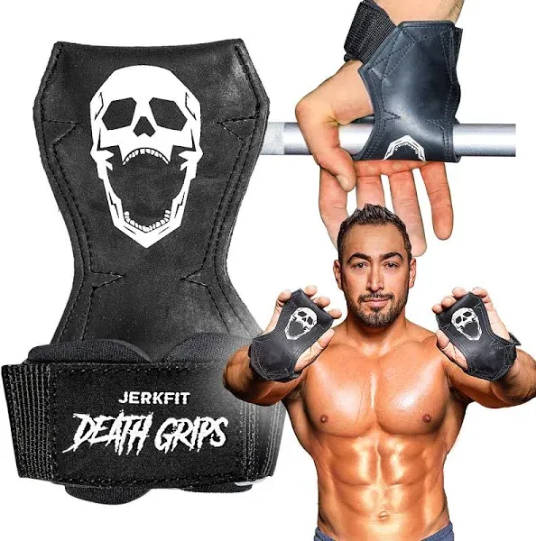 JerkFit Death Grips Ultra Premium Lifting Straps for Deadlifts, Pull Ups, Heavy Shrugs | Lifting Hand Grips with Padded Support | Palm Protection & Increased Grip for Heavy Pull Lifts. (Pair)