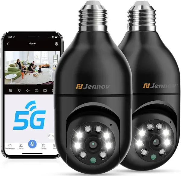 Jennov Light Bulb Security Camera, 360°/2k HD Wireless Camera, 2.4/5 Ghz Wi-Fi Light Socket Camera with Auto Tracking, AI Human Detection, Compatible with Alexa for Indoor&Outdoor Home Security