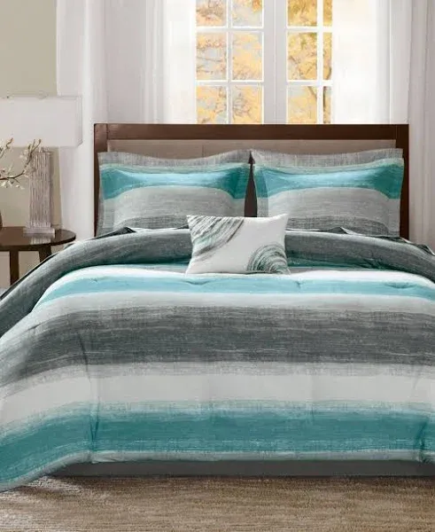 NEW!  MODERN ULTRA BLUE TEAL AQUA GREY BED IN BAG COMPLETE COMFORTER SET SHEETS