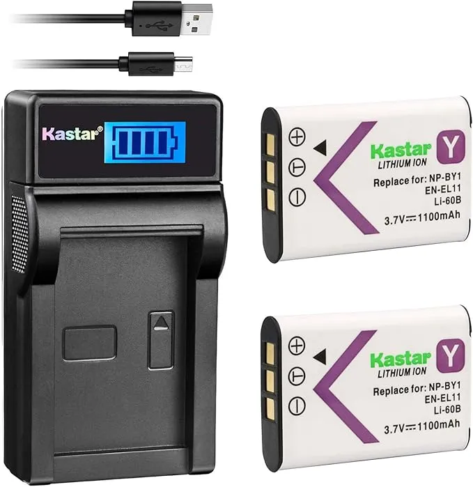 Kastar Battery and Slim LCD Charger for NP-BY1 EN-EL11 Li-60B DLI-78