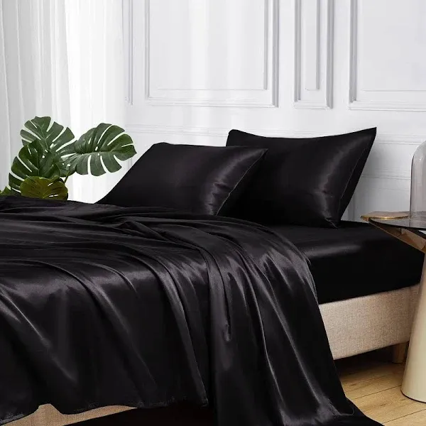 Manyshofu Satin Queen Sheets Set 4 Piece - Soft Silky Satin Sheets Set, Black