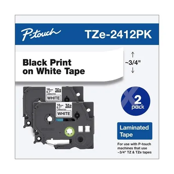 Brother TZe Standard Adhesive Laminated Labeling Tape, 0.7" x 26.2 ft, Black on White, 2/Pack (BRTTZE2412PK)