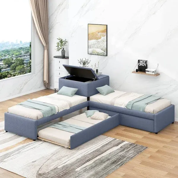 Twin Size L-Shaped Upholstered Platform Bed with Trundle Drawers Linked with built-in Desk